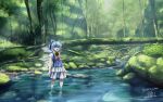  1girl absurdres bush cirno dated day fallen_tree flower highres in_water koyane_(silver81106) moss outdoors pebble plant river rock scenery signature solo sunflower sunlight touhou tree water 