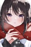  1girl absurdres asano_(tomoli_t) black_sweater brown_hair coat enpera hands_up highres long_sleeves original parted_lips purple_eyes red_scarf scarf sleeves_past_wrists snowing solo star-shaped_pupils star_(symbol) sweater symbol-shaped_pupils upper_body white_coat winter 