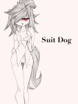  absurd_res anthro bra canid canine canis clothing domestic_dog female garter_belt garter_straps genitals hi_res homeless_dog leggings legwear lingerie mammal monochrome one_eye_obstructed ponporio_(artist) pussy red_and_white red_eyes shirt simple_background solo topwear underwear 