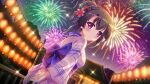  1girl aerial_fireworks architecture arms_behind_back black_hair closed_mouth dot_nose dutch_angle east_asian_architecture film_grain fireworks floral_print from_behind game_cg hair_bun ichikishima_mizuha izumi_tsubasu japanese_clothes kimono lantern looking_back night night_sky non-web_source official_art outdoors paper_lantern print_kimono purple_eyes purple_kimono purple_obi railing re:stage! short_hair sky smile solo sparkle star_(sky) starry_sky striped striped_kimono tree wooden_railing 