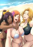  3girls :d ;d absurdres arms_around_neck asymmetrical_docking beach bikini black_bikini bleach bleach:_the_thousand-year_blood_war blonde_hair blue_eyes bow breast_press breasts brown_eyes collarbone collared_bikini commentary_request day flower hair_bow hair_flower hair_ornament halterneck hibiscus highres hug hug_from_behind huge_breasts inoue_orihime iwao178 long_hair looking_at_another looking_at_viewer matsumoto_rangiku multiple_girls navel ocean one_eye_closed orange_hair outdoors parted_bangs pink_flower ponytail purple_hair red_bikini selfie shihouin_yoruichi short_hair smile swimsuit teeth upper_teeth_only white_bikini yellow_bow yellow_eyes 