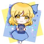  1girl alice_margatroid alice_margatroid_(pc-98) blonde_hair blue_dress blush book dress esist_hourai highres holding holding_book looking_at_viewer short_hair smile solo standing star_(symbol) touhou touhou_(pc-98) yellow_eyes 