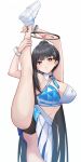  1girl arms_up black_hair black_panties blue_archive blush breasts cheerleader cleavage detached_collar facial_mark halo halterneck highres kneepits large_breasts long_hair looking_at_viewer mijikayo_(user_eyyx8247) millennium_cheerleader_outfit_(blue_archive) navel panties parted_lips pleated_skirt red_eyes rio_(blue_archive) simple_background skirt solo split standing standing_on_one_leg standing_split star_(symbol) underwear very_long_hair white_background white_skirt 