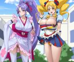  2girls arm_behind_back blonde_hair blue_sky bow breasts building cleavage cloud covered_nipples cure_fortune cure_honey day detached_sleeves earrings fuooooo hair_bow hair_ribbon hand_on_own_hip happinesscharge_precure! highres japanese_clothes jewelry kimono large_breasts multiple_girls open_mouth outdoors paid_reward_available panties ponytail precure pubic_hair purple_eyes purple_hair ribbon skirt sky standing teeth thighhighs twintails underwear upper_teeth_only v white_thighhighs yellow_eyes yellow_panties 