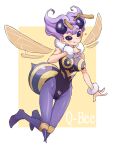 1girl :p antennae arthropod_girl bee_girl blush_stickers border character_name extra_eyes flying full_body gazacy_(dai) heart highres insect_wings leotard monster_girl no_pupils pointy_hair purple_hair q-bee simple_background smile solo tongue tongue_out vampire_(game) white_border wings yellow_background 
