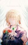  blonde_hair blue_dress dress english_text flower gem green_gemstone karcer_grey red_flower red_rose rose violet_evergarden violet_evergarden_(series) white_background 