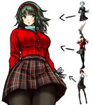  1girl absurdres amagi_yukiko arrow_(symbol) black_pantyhose breasts brown_eyes cardigan chimerism english_commentary fusion gimmie20dollas green_hair hairband highres long_sleeves niijima_makoto original pantyhose persona persona_3 persona_4 persona_5 plaid plaid_skirt red_cardigan red_hairband reference_inset simple_background skirt turtleneck white_background yamagishi_fuuka 