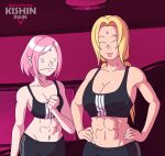  2girls abs bare_arms bare_shoulders black_pants black_sports_bra blonde_hair breast_envy breasts cleavage closed_eyes crop_top facial_mark forehead_mark haruno_sakura highres kishinpain large_breasts medium_breasts medium_support_(meme) meme multiple_girls naruto naruto_(series) naruto_shippuuden pants pink_hair smile sports_bra sportswear tsunade_(naruto) 