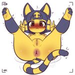  animal_crossing ankha_(animal_crossing) anthro anus areola blue_hair bodily_fluids breasts bunnybits butt domestic_cat felid feline felis female gesture hair hi_res mammal nintendo nipples sweat v_sign 