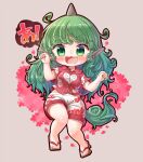  1girl arinu barefoot blush cloud_print collared_shirt curly_hair fang full_body geta green_eyes green_hair horns kariyushi_shirt komano_aunn long_hair open_mouth red_shirt shirt short_sleeves shorts single_horn solo thick_eyebrows touhou white_shorts 