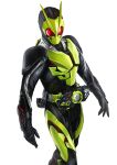  1boy black_bodysuit black_gloves bodysuit bug contrapposto driver_(kamen_rider) gloves grasshopper green_armor highres kamen_rider kamen_rider_01_(series) kamen_rider_zero-one male_focus masukudo_(hamamoto_hikaru) open_hands progrise_key rider_belt rising_hopper thigh_armor thighs tokusatsu zero_one_driver 