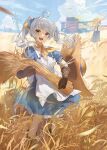  1girl :d ahoge apron blue_dress brown_gloves cloud day dress farm field gloves hat hat_removed headwear_removed highres looking_at_viewer neck_ribbon open_mouth original outdoors ribbon scarecrow sky smile solo standing straw_hat tractor ttk_(kirinottk) twintails wheat wheat_field white_apron white_hair windmill yellow_eyes yellow_ribbon 