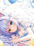  1girl aina_rive animal_ear_fluff animal_ears balloon bare_shoulders blue_dress blue_eyes blue_flower blurry blurry_background blurry_foreground blush breasts cat_ears closed_mouth confetti depth_of_field dress flower grey_hair hair_between_eyes hands_up heterochromia long_hair looking_at_viewer mauve medium_breasts original pink_flower pink_rose rose smile solo upper_body yellow_eyes 