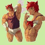  1boy abs animal_ears arms_behind_head bandaged_hand bandages bara black_tank_top cigarette erection highres holding holding_cigarette large_pectorals league_of_legends male_focus male_underwear multiple_views muscular muscular_male navel nipples pectorals penis red_hair rekkinj scar scar_on_face scar_on_nose sett_(league_of_legends) short_hair smoking tank_top thick_thighs thighs topless_male underwear white_male_underwear 