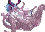  1girl absurdres areola_slip blue_hair blush breasts collared_shirt colored_skin covered_nipples dress_shirt fate/grand_order fate_(series) fishnet_pantyhose fishnets grey_skin hair_bun highres horns ibuki_douji_(fate) large_breasts long_hair long_sleeves lying multicolored_hair navel no_panties on_back oni oni_horns open_clothes open_mouth open_shirt pantyhose pink_hair pointy_ears pussy puzenketsu red_eyes shirt sidelocks single_hair_bun sleeves_rolled_up solo spread_legs tail white_shirt 
