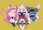  1girl 2boys cape closed_eyes disembodied_limb extra_arms fangs gloves horns kirby_(series) magolor multiple_boys pink_hair roku_(suzusuzu65972012) scarf simple_background susie_(kirby) sweat taranza white_gloves white_hair yellow_background yellow_gloves 