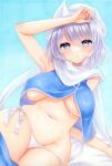  1girl armpits blue_background blue_eyes breasts grey_hair groin highres large_breasts letty_whiterock looking_at_viewer natsume_nadeshiko navel panties scarf short_hair solo sweat touhou underboob underwear white_headwear white_panties white_scarf 