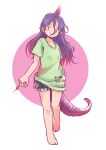  1girl barefoot blush clothes_writing full_body green_shirt green_shorts holding holding_syringe horns long_hair parted_lips pointy_ears purple_hair purple_horns rangycrow red_eyes shirt short_sleeves shorts single_horn solo syringe tail tenkajin_chiyari touhou 