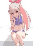  1girl absurdres bare_arms bare_legs bare_shoulders bikini blue_bikini brown_eyes commentary_request dodo24850918 earrings flat_chest grey_hair hair_between_eyes head_tilt highres jewelry long_hair looking_at_viewer midriff navel onii-chan_wa_oshimai! oyama_mahiro pink_hair ponytail simple_background sitting solo swimsuit zipper zipper_pull_tab 