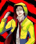  1boy adachi_tooru black_hair coat collared_shirt hako_(rai63128) hood hood_up long_sleeves male_focus necktie open_clothes open_coat open_mouth persona persona_4 red_background red_necktie shaded_face shirt short_hair teeth upper_body upper_teeth_only yellow_eyes yellow_raincoat 