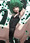  1girl absurdres armpits arms_behind_head arms_up artist_name aura black_dress blurry blurry_background breasts cameltoe curly_hair debris detached_sleeves dress flipped_hair floating floating_object glaring glowing green_eyes green_hair highres one-punch_man open_mouth pelvic_curtain short_hair side_slit small_breasts solo spread_legs squatting tatsumaki tomodachi_(tomofanart) twitter_username white_background 