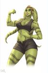  1girl abs alien artist_name bra brown_bra clenched_hand colored_skin green_eyes green_skin highres lip_piercing looking_at_viewer nose_piercing piercing saleen_jarvik_(ivynotorious) short_shorts shorts simple_background star_wars tattoo twi&#039;lek ullr underwear watermark 