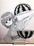  1girl commentary_request drill_hair drill_sidelocks fins food fruit greyscale head_fins highres japanese_clothes kimono long_sleeves looking_at_viewer monochrome open_mouth poronegi sash sidelocks solo touhou traditional_media upper_body wakasagihime watermelon 