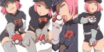  1girl aoi_nori_(aoicoblue) belt black_headwear breasts gloves green_eyes hat holding looking_at_viewer multiple_views open_mouth pink_hair poke_ball poke_ball_(basic) pokemon pokemon_(game) pokemon_go short_hair simple_background skirt smile solo team_rocket team_rocket_grunt team_rocket_uniform thighhighs white_background 