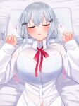  1girl artist_name bed blue_bra blush bow bra bra_visible_through_clothes bralines breasts closed_eyes festa11307070 grey_hair hair_between_eyes hair_ornament hakase_fuyuki lace lace_bra large_breasts long_hair lying nijisanji on_back open_mouth pillow red_bow shirt sleeping solo twintails underwear virtual_youtuber white_shirt 