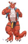  2023 3_fingers absurd_res anthro bandai_namco bulge claws clothed clothing detailed_bulge digimon digimon_(species) dragon fingers genital_outline growlmon hair hi_res jockstrap male markings multicolored_body multicolored_scales muscular muscular_anthro muscular_male negger pecs penis_outline red_body red_scales reptile scales scalie solo tribal tribal_markings two_tone_body two_tone_scales underwear white_body white_hair white_scales yellow_eyes 