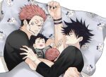  4boys arm_tattoo baby bed_sheet black_hair black_nails black_shirt brothers closed_eyes commentary_request couple extra_eyes facial_tattoo family father_and_son fushiguro_megumi hello_kitty if_they_mated jujutsu_kaisen long_sleeves lying male_focus multiple_boys pillow pink_hair red_eyes ryoumen_sukuna_(jujutsu_kaisen) sato_zero915 shirt siblings sleeping smile tattoo teeth twins yaoi 