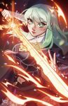  1girl artist_name artsyvamp black_cape breasts byleth_(female)_(fire_emblem) byleth_(fire_emblem) cape clothing_cutout commentary english_commentary enlightened_byleth_(female) fighting_stance fire fire_emblem fire_emblem:_three_houses green_eyes grey_hair highres holding holding_sword holding_weapon lips medium_breasts navel navel_cutout serious signature solo sword weapon 