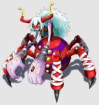  absurdres arachne archnemon arthropod_girl bandaged_arm bandaged_leg bandages black_bandages blue_hair breasts bug bulging_eyes claws colored_skin creature digimon digimon_(creature) digimon_adventure_02 eggman_(pixiv28975023) gem highres horns long_hair looking_at_viewer monster monster_girl multiple_legs open_mouth purple_lips purple_skin red_gemstone shadow sharp_teeth sleeveless small_breasts spider spider_girl striped tattoo taur teeth tongue yellow_eyes 