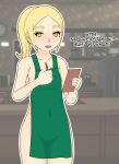  1girl apron blonde_hair breasts highres mari_gold mole mole_under_eye naked_apron orange_eyes original rong_rong small_breasts starbucks tagme thick_eyebrows waitress 