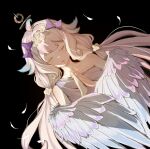  1girl ahoge angel blonde_hair bow closed_eyes enna_alouette feathered_wings flower hair_bow hair_flower hair_ornament highres long_hair low_twintails nijisanji nijisanji_en purple_bow solo twintails virtual_youtuber white_wings wings yam.c_(doggy_yam) 