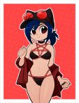  1girl animal_ears bikini black_bikini black_headwear blue_hair cat_ears closed_mouth gato_del_futuro highres inverted_pentagram jacket navel original pentagram red-framed_eyewear red_jacket solo swimsuit 