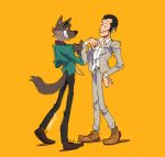  2boys arsene_lupin_iii arsene_lupin_iii_(cosplay) black_hair brown_footwear colored_sclera cosplay costume_switch crossover formal furry furry_male grin highres jacket komoroshi long_sleeves lupin_iii male_focus mr._wolf mr._wolf_(cosplay) multiple_boys open_collar short_hair signature simple_background smile the_bad_guys_(film) thief wolf_boy yellow_background yellow_sclera 