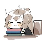  1girl :3 =_= ahoge black_shirt book book_stack closed_eyes closed_mouth commentary_request harvest_fes librarian_(library_of_ruina) library_of_ruina light_brown_hair no_nose ponytail project_moon shirt sketch sleeping solo v-shaped_eyebrows zzz 
