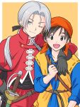  2boys bandana belt blue_eyes blue_shirt brown_belt collarbone dragon_quest dragon_quest_viii earrings gloves hand_on_another&#039;s_shoulder hero_(dq8) highres jacket jewelry kugamin kukuru_(dq8) male_focus multiple_boys one_eye_closed open_mouth orange_bandana pants ponytail red_jacket red_pants shirt smile sword sword_on_back weapon weapon_on_back white_background white_hair 