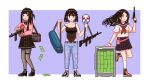  1girl 3girls aiming_up assault_rifle bag banknote belt belt_pouch black_bag black_bow black_bowtie black_camisole black_choker black_footwear black_hair black_skirt blue_bag blue_eyes blue_pants blue_sailor_collar blunt_bangs blunt_ends blush border bow bowtie breasts camisole choker closed_mouth clown_mask collarbone commentary currency_strap denim dollar_bill dress_shirt duffel_bag english_commentary floating_hair foot_up full_body grey_pantyhose gun hair_ornament hair_ribbon hairclip handbag handgun high_tops highres holding holding_bag jeans long_hair looking_ahead looking_to_the_side mask medium_breasts medium_hair mittens money multiple_girls neckerchief nino_berlin original outside_border pants pantyhose pink_belt pink_mittens pink_ribbon pink_sweater pixel_art plaid plaid_skirt pouch purple_background red_bracelet red_eyes red_footwear red_neckerchief ribbon rifle safe_(container) sailor_collar school_uniform shirt shoes short_sleeves skirt sleeveless smile smoke smoking_gun sneakers socks standing straight-on strap strap_slip suppressor sweater torn_clothes torn_jeans torn_pants two_side_up weapon white_border white_shirt white_socks wind x_hair_ornament yellow_eyes 