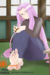  1girl barefoot blue_pants cup drink drinking_glass fate/stay_night fate_(series) forehead glasses long_hair looking_at_viewer medusa_(fate) medusa_(rider)_(fate) paid_reward_available pants purple_eyes purple_hair sitting soles solo tongue tongue_out turtleneck very_long_hair zorzero 