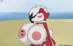  absurd_res anthro areola big_breasts breasts collar delphyarts female fur generation_7_pokemon hair hi_res huge_breasts lycanroc nintendo nipples nude pink_areola pink_eyes pink_nipples pokemon pokemon_(species) red_body red_fur solo tail thick_thighs white_body white_fur white_hair 