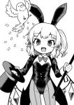  1girl animal_ears bird blush bow bowtie fake_animal_ears fang flandre_scarlet greyscale hat highres holding holding_clothes holding_hat leotard long_sleeves looking_at_viewer magician monochrome oninamako open_mouth pantyhose rabbit_ears short_hair short_ponytail shrug_(clothing) side_ponytail smile solo top_hat touhou wings 