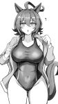  1girl ? agnes_tachyon_(umamusume) ahoge alternate_costume animal_ears chestnut_mouth commentary_request cowboy_shot greyscale hair_between_eyes highres horse_ears horse_girl horse_tail jacket long_sleeves looking_at_viewer messy_hair miya_nns35 monochrome one-piece_swimsuit removing_jacket short_hair simple_background solo swimsuit tail umamusume white_background 