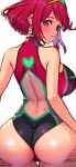  1girl ass ass_focus bare_shoulders black_one-piece_swimsuit blush breasts earrings gem headpiece highres huge_ass jewelry large_breasts looking_at_viewer looking_back one-piece_swimsuit pyra_(pro_swimmer)_(xenoblade) pyra_(xenoblade) r123 red_eyes red_hair red_one-piece_swimsuit short_hair smile solo swept_bangs swimsuit tiara two-tone_swimsuit wide_hips xenoblade_chronicles_(series) xenoblade_chronicles_2 
