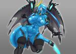  anthro big_breasts blue_body breasts butt_from_the_front chorsinnell39 clothing dragon female genitals hi_res legwear membrane_(anatomy) membranous_wings nipples pussy solo thigh_highs wings 