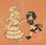  2girls black_hair blonde_hair blush capelet chibi closed_eyes collared_cape collared_dress dress en_or eyepatch frilled_dress frilled_headwear frills hat high_five kure_kirika long_hair magical_girl mahou_shoujo_madoka_magica mahou_shoujo_oriko_magica mikuni_oriko multiple_girls short_hair skirt smile white_dress white_headwear 