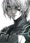  1other commentary_request expressionless eyepatch goggles greyscale hange_zoe highres mo_cha_ri monochrome other_focus portrait shingeki_no_kyojin solo survey_corps_(emblem) three-dimensional_maneuver_gear turtleneck 