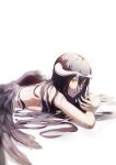  1girl albedo_(overlord) black_feathers black_wings breast_press demon_girl demon_horns feathered_wings feathers highres horns long_hair looking_at_viewer low_wings lying on_stomach one_eye_closed overlord_(maruyama) slit_pupils solo utt_haru white_background white_horns wings yellow_eyes 