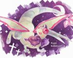  bow bright_pupils capelet claws crescent_moon cross english_text fake_horns fangs flygon halloween happy_halloween horns m_f_t_n moon nostrils pokemon pokemon_(creature) purple_capelet red_eyes solo sparkle star_(sky) striped striped_bow white_pupils 